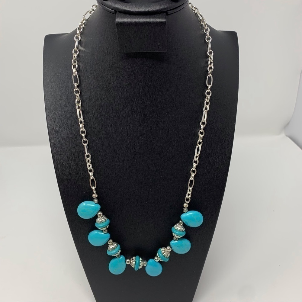 Silver Toned Chain Faux Turquoise Stone Necklace